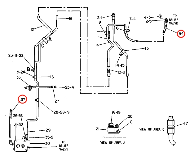 Caterpillar CAT®235C installation diagram showing hydraulic hose 3V-1330 at Pipe No. 34