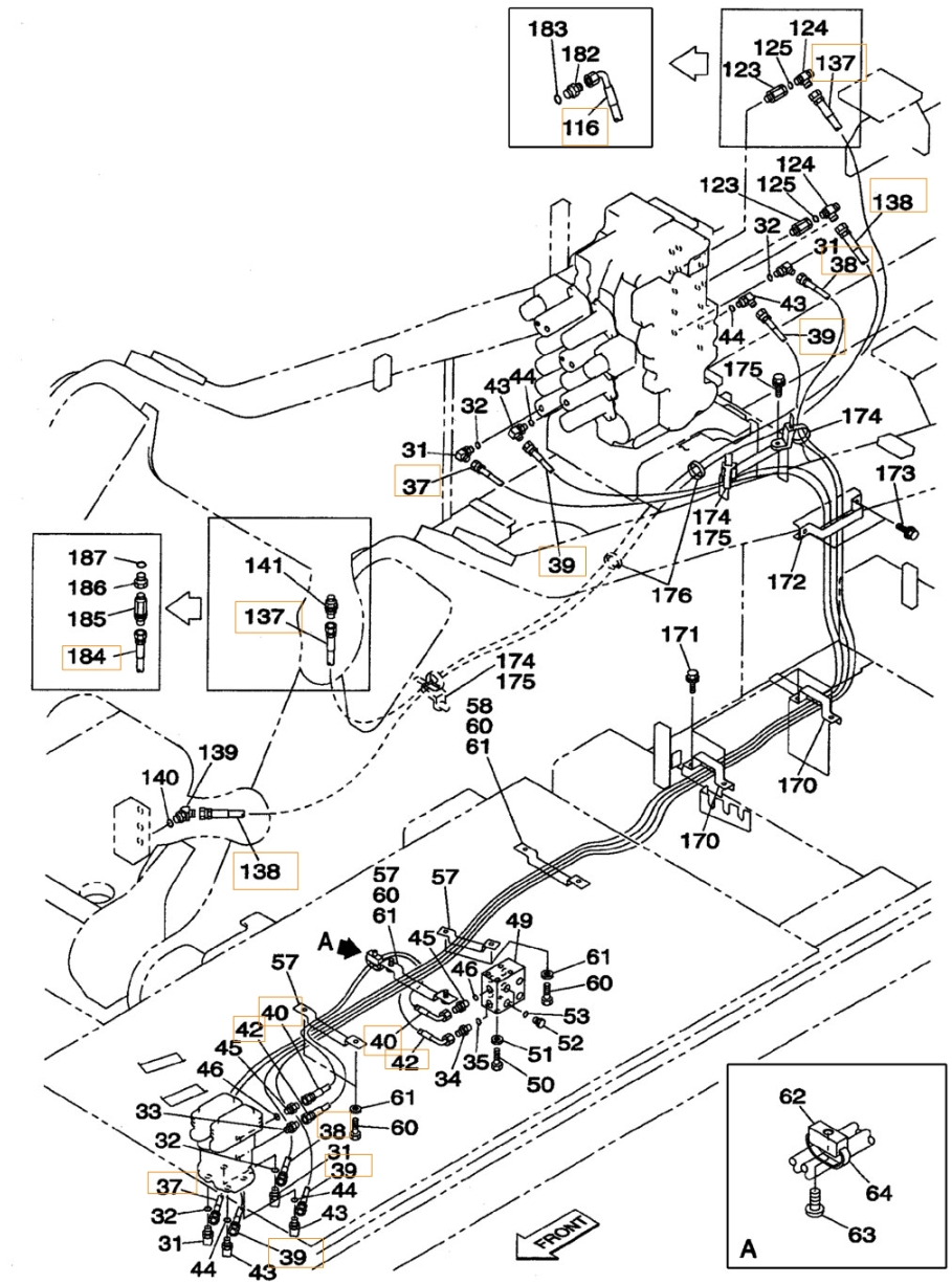 Case CX330 installation diagram showing hydraulic hose KAJ3524 at Pipe No. 42