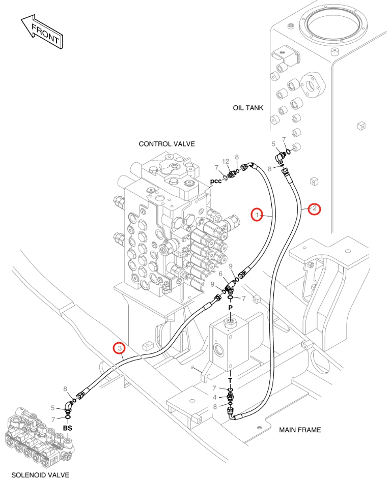 Doosan DX140LC-5 installation diagram showing hydraulic hose DS2120057 at Pipe No. 3
