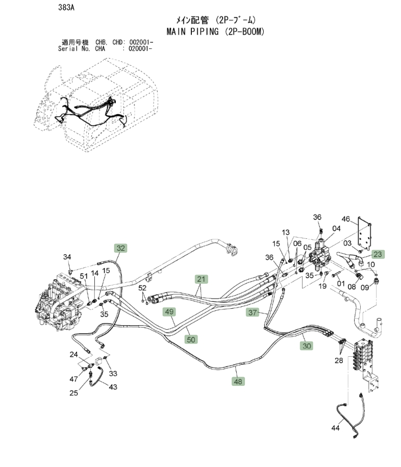 Hitachi ZX190W-3 installation diagram showing hydraulic hose 4254435 at Pipe No. 21A
