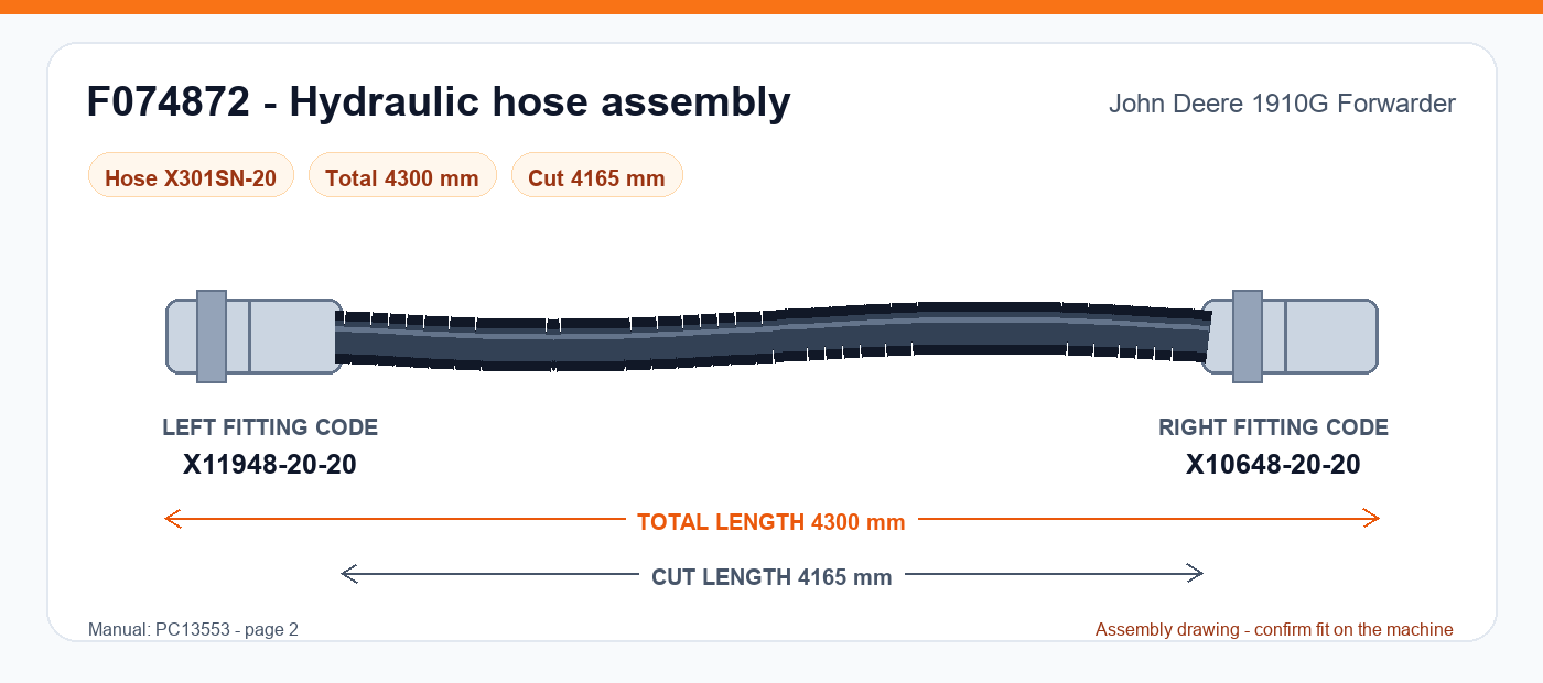 F074872 hydraulic hose assembly drawing for John Deere 1910G Forwarder - 4,300 mm total length, left fitting X11948-20-20, right fitting X10648-20-20