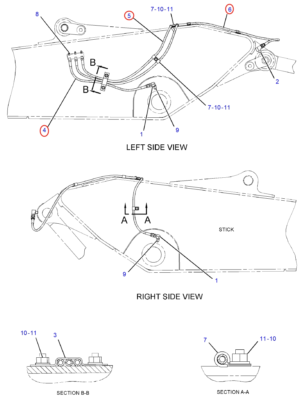 Caterpillar CAT®312D L installation diagram showing hydraulic hose 087-5899 at Pipe No. 4