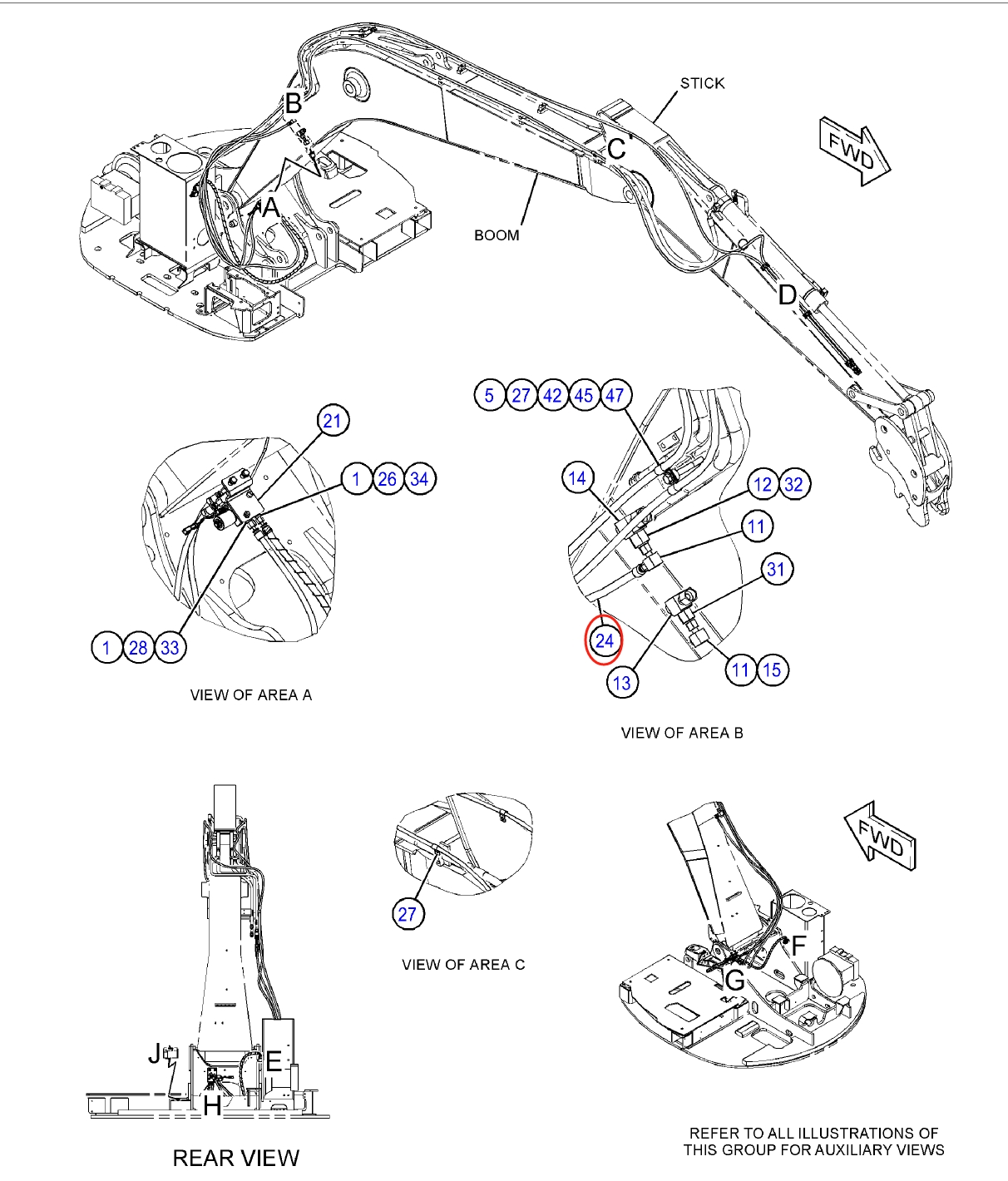 Caterpillar CAT®311C installation diagram showing hydraulic hose 354-8748 at Pipe No. 24