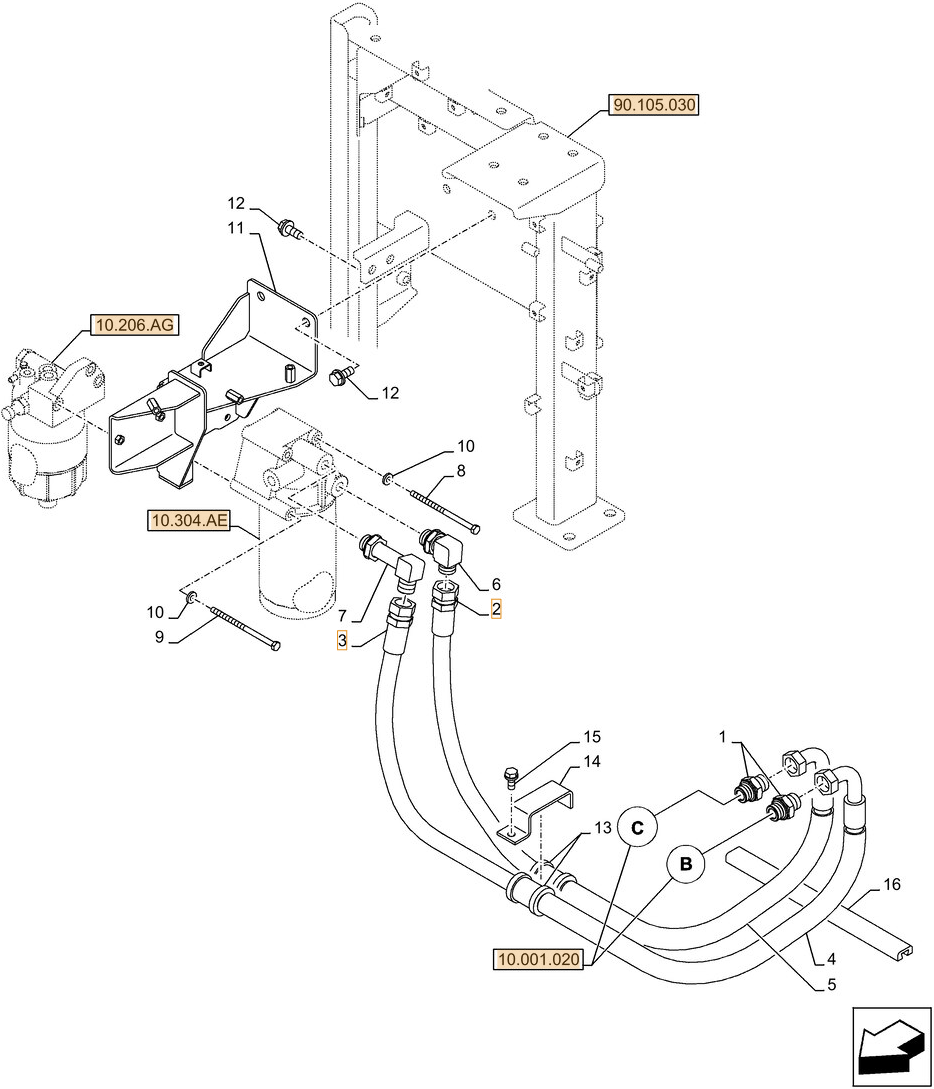 Case CX290D LC MH installation diagram showing hydraulic hose KBH10590 at Pipe No. 3