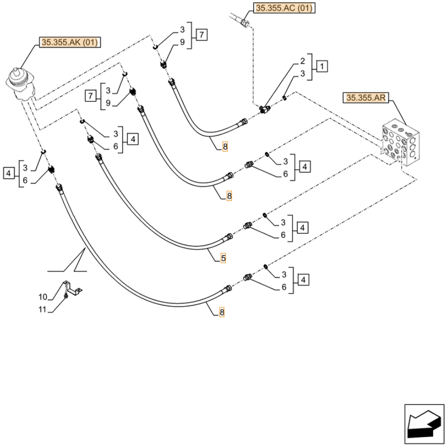 Case CX250D NLC installation diagram showing hydraulic hose 159211A1 at Pipe No. 8