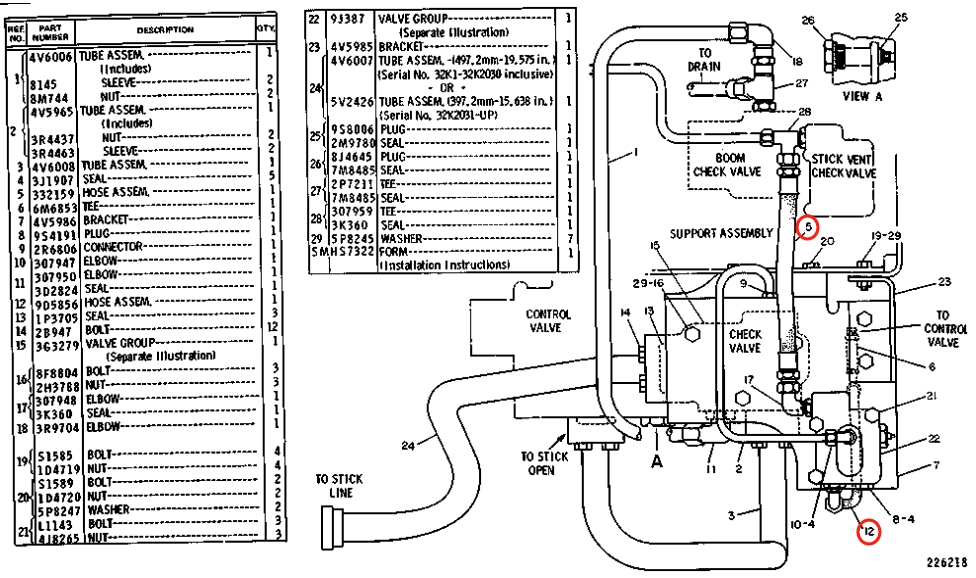 Caterpillar CAT®235 installation diagram showing hydraulic hose 033-2159 at Pipe No. 5