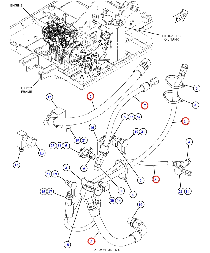 Caterpillar CAT®318D2 installation diagram showing hydraulic hose 292-7176 at Pipe No. 8