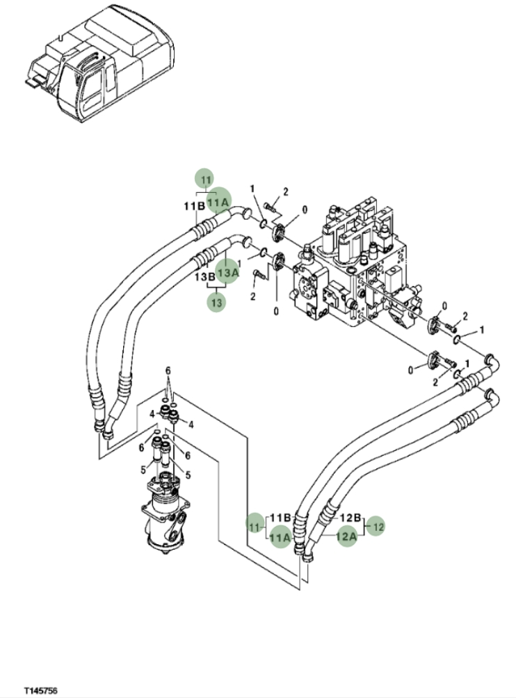 Hitachi ZX350F installation diagram showing hydraulic hose 9163647 at Pipe No. 11