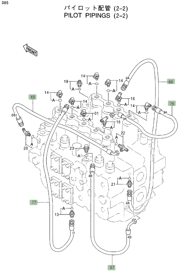 Hitachi EX400LC-3C installation diagram showing hydraulic hose 4366742 at Pipe No. 77