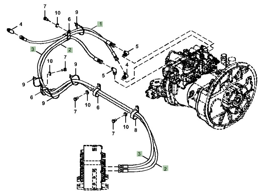 Hitachi ZX210-5A installation diagram showing hydraulic hose 4269800 at Pipe No. 1