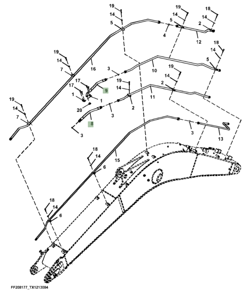 Hitachi ZX310F-FE-6N installation diagram showing hydraulic hose 4620800 at Pipe No. 9