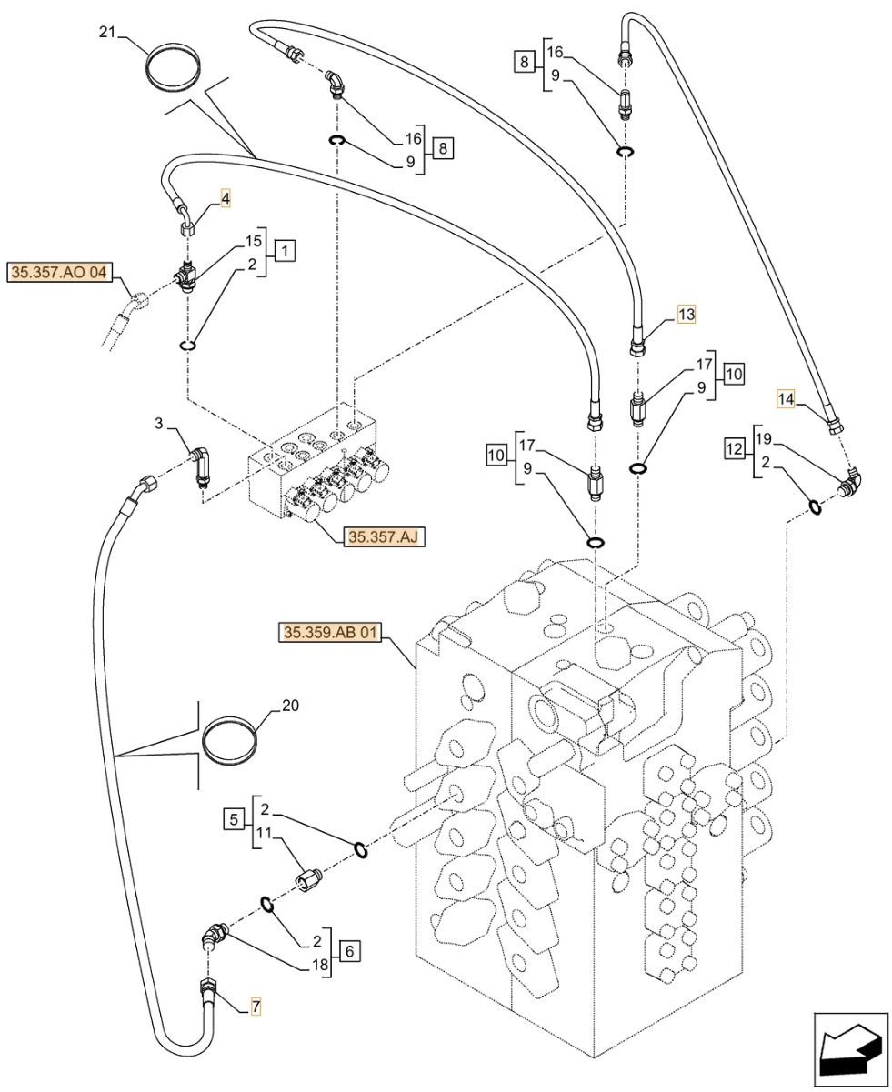 Case CX500D LC installation diagram showing hydraulic hose KHJ2084 at Pipe No. 4