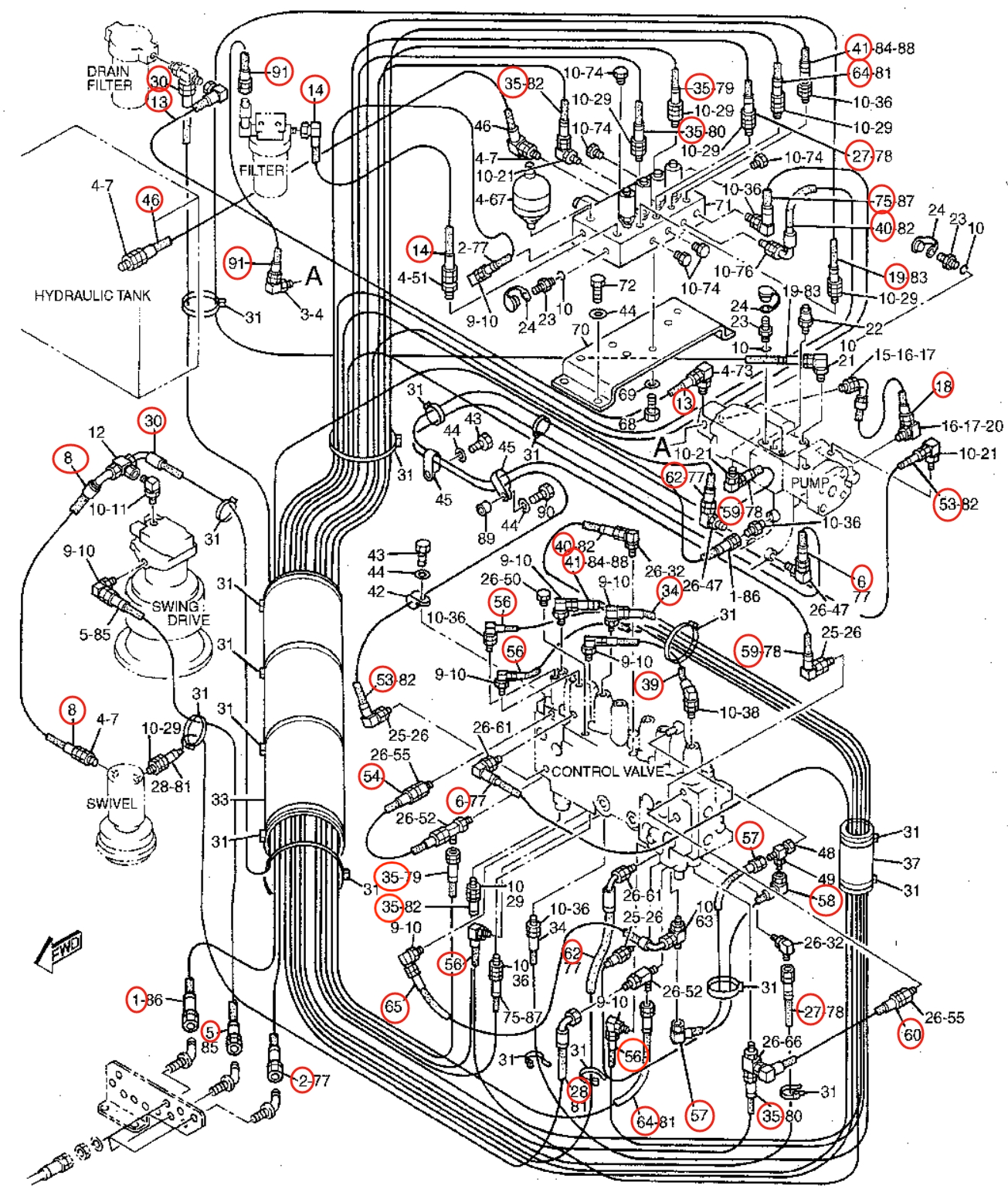 Caterpillar CAT®315B FM L installation diagram showing hydraulic hose 7I-0178 at Pipe No. 1