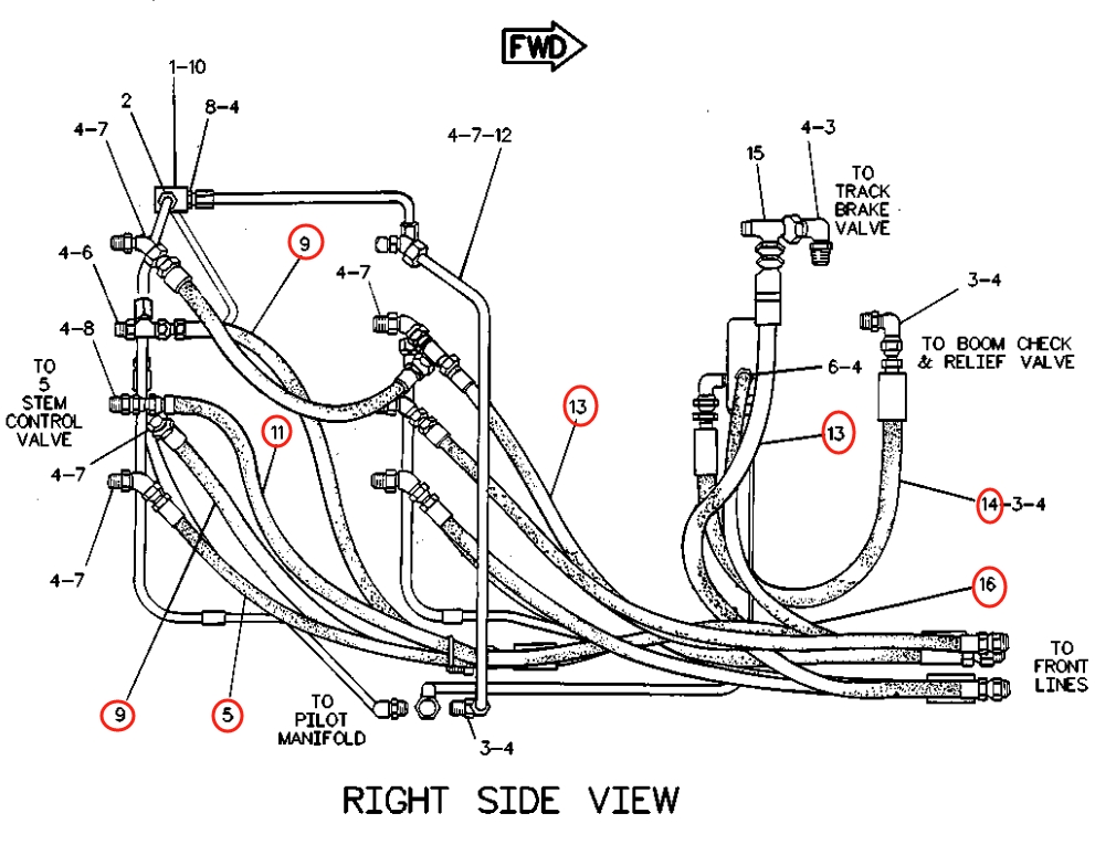 Caterpillar CAT®215C installation diagram showing hydraulic hose 5C-4391 at Pipe No. 14