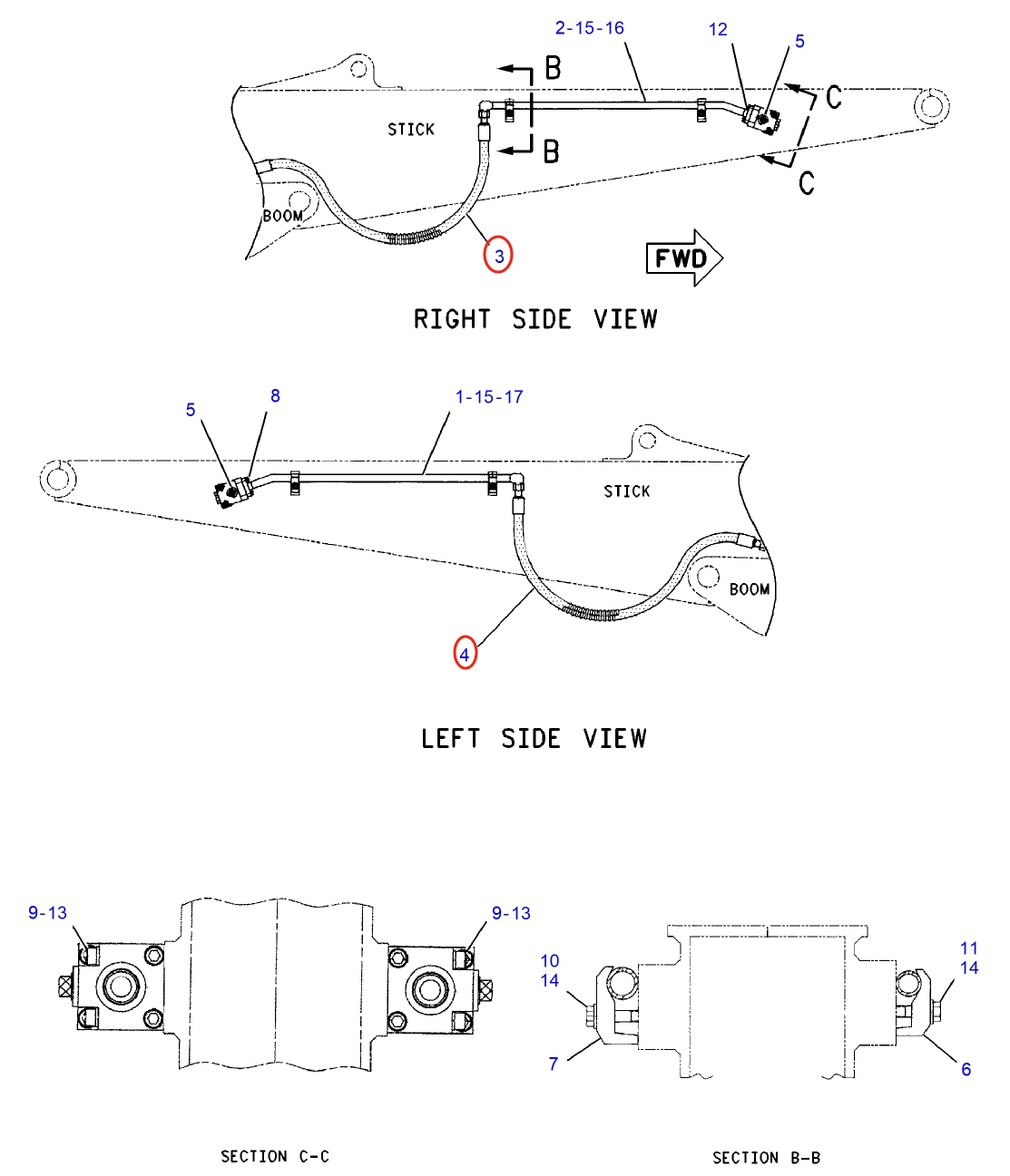 Caterpillar CAT®312C L installation diagram showing hydraulic hose 146-1372 at Pipe No. 4