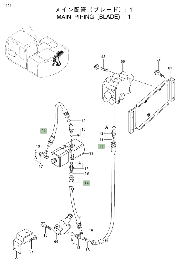 Hitachi EX120-5 installation diagram showing hydraulic hose 4365779 at Pipe No. 15