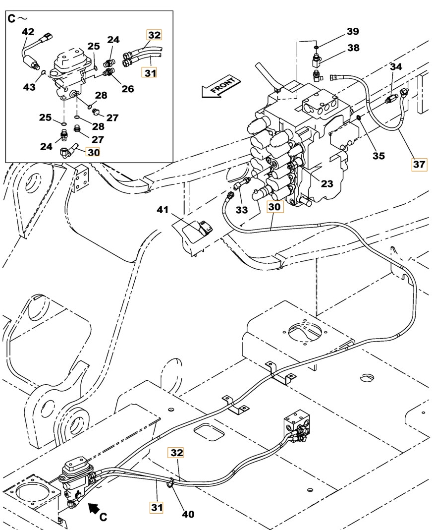 Case CX180B installation diagram showing hydraulic hose KHJ2050 at Pipe No. 31