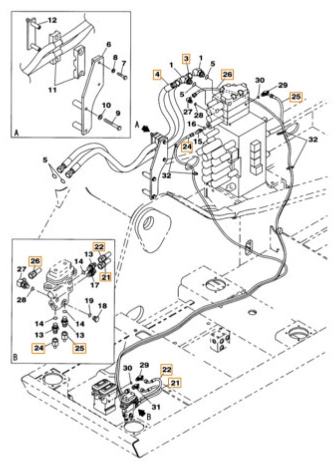 Case CX230B installation diagram showing hydraulic hose KHJ2084 at Pipe No. 21
