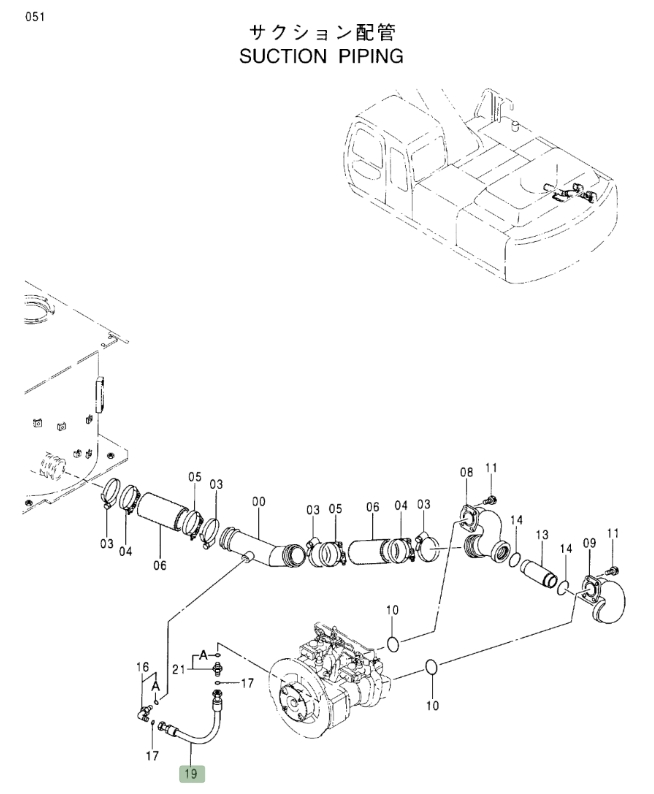Hitachi EX330LC-5 installation diagram showing hydraulic hose 4197724 at Pipe No. 19