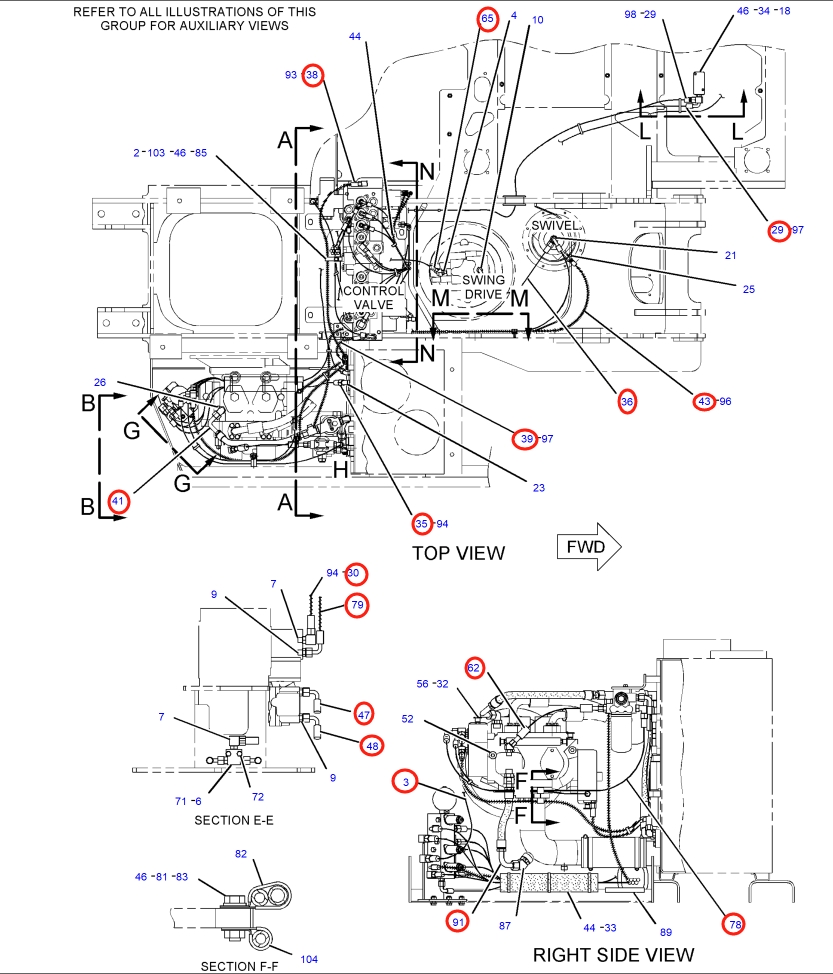 Caterpillar CAT®318C installation diagram showing hydraulic hose 133-5733 at Pipe No. 62