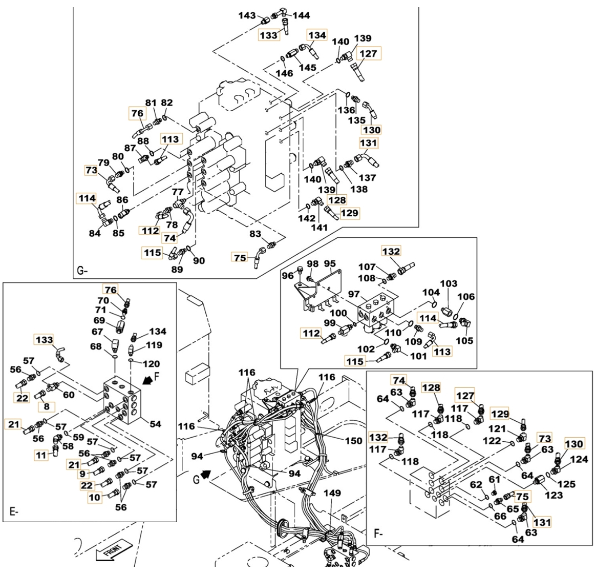 Case CX210C NLC installation diagram showing hydraulic hose KHJ11590 at Pipe No. 74