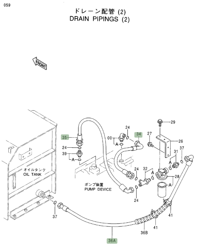 Hitachi EX400LC-3C installation diagram showing hydraulic hose 4365395 at Pipe No. 36A