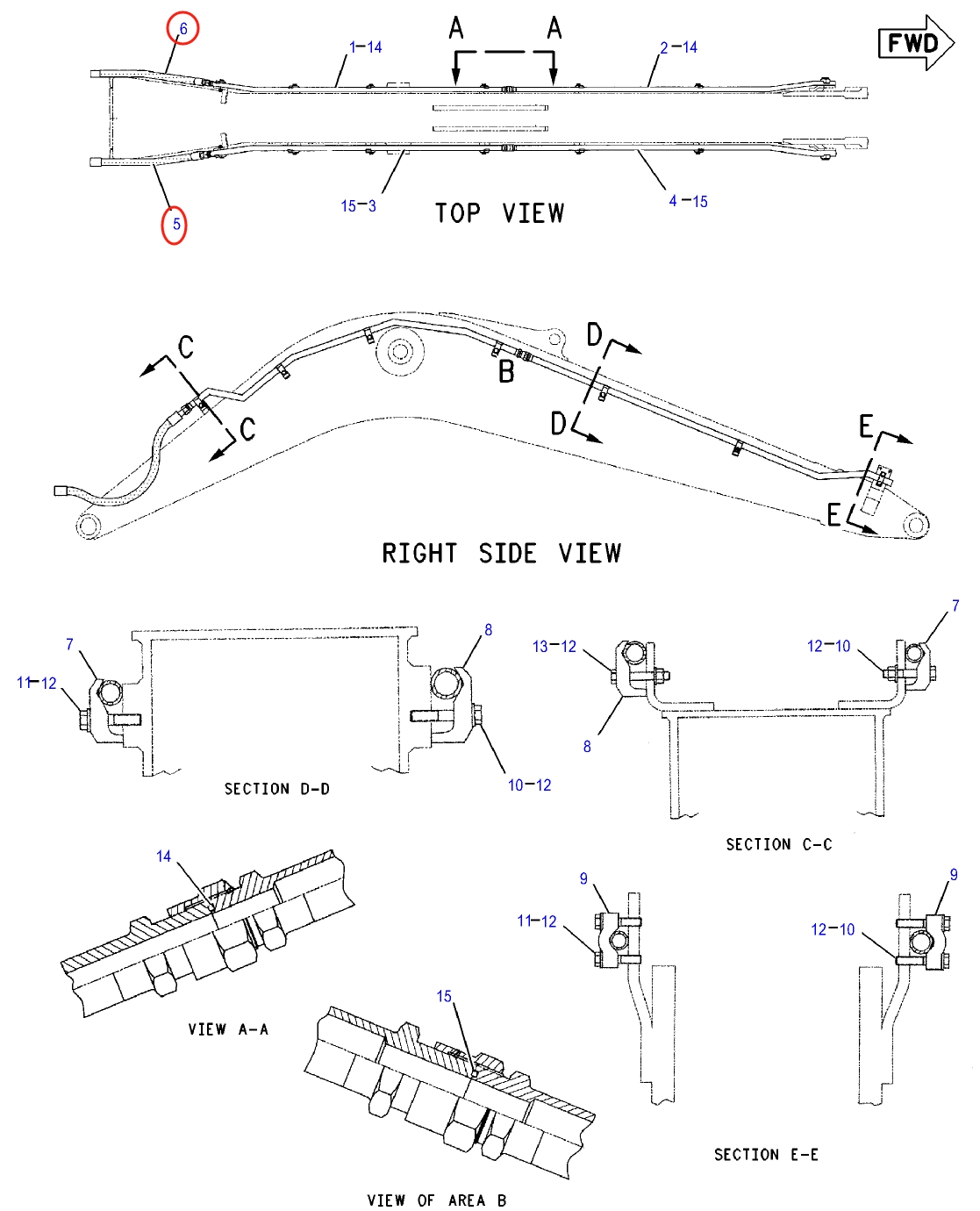 Caterpillar CAT®312C L installation diagram showing hydraulic hose 108-7497 at Pipe No. 6