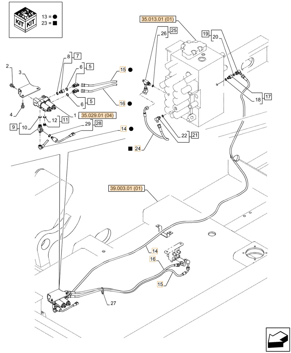 Case CX210C LC installation diagram showing hydraulic hose KHJ2199 at Pipe No. 14