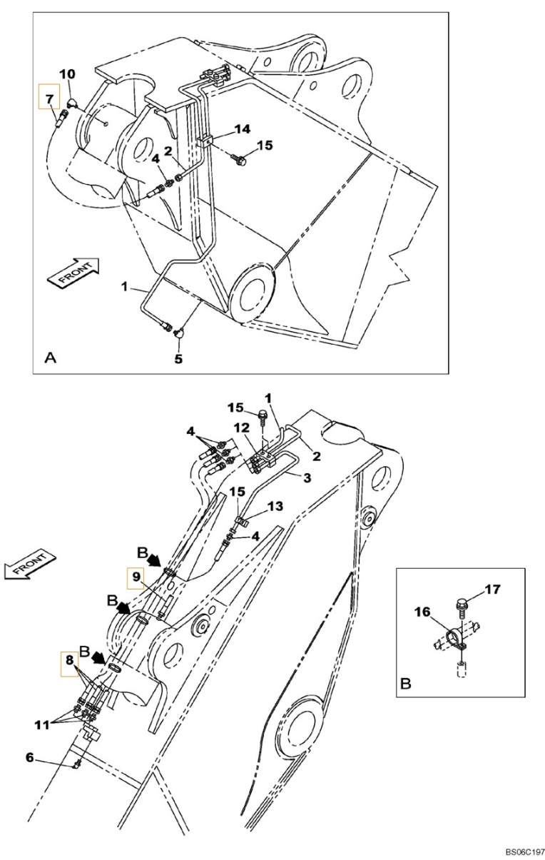 Case CX700B installation diagram showing hydraulic hose KHJ2047 at Pipe No. 7