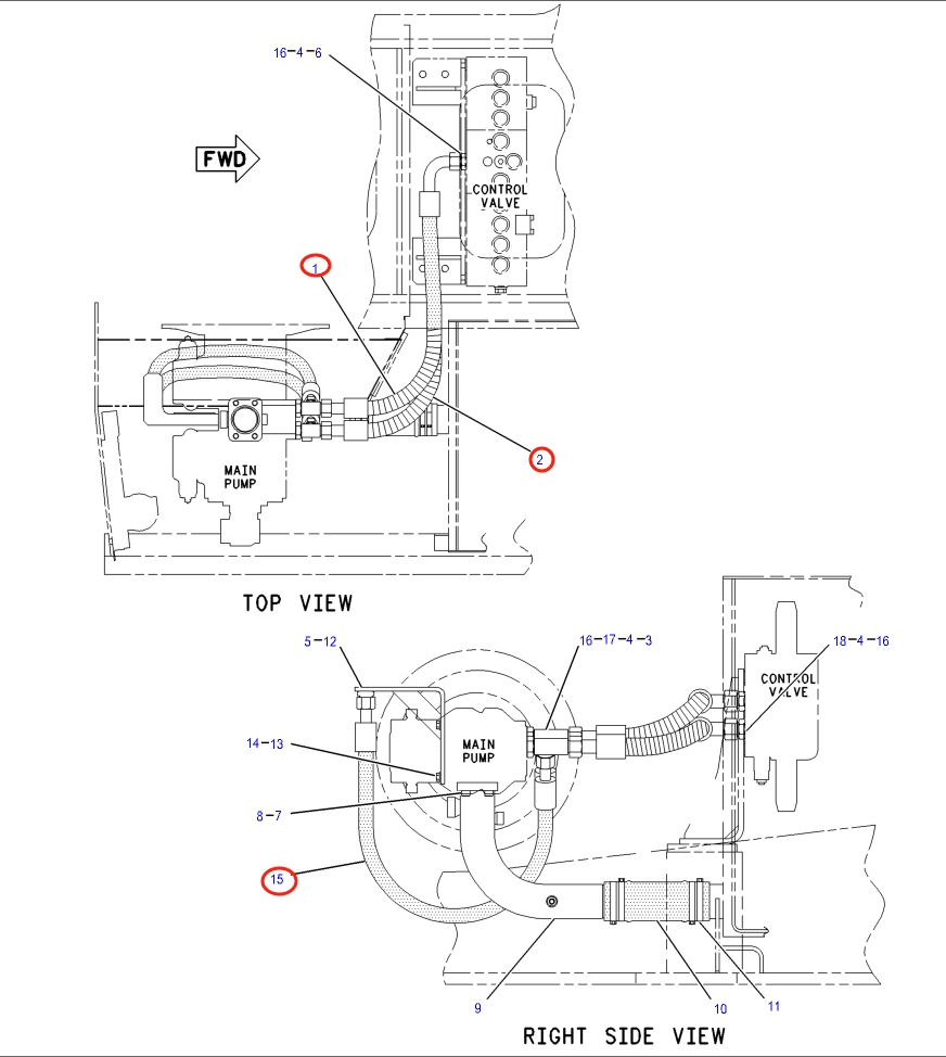 Caterpillar CAT®318B installation diagram showing hydraulic hose 4I-1077 at Pipe No. 15