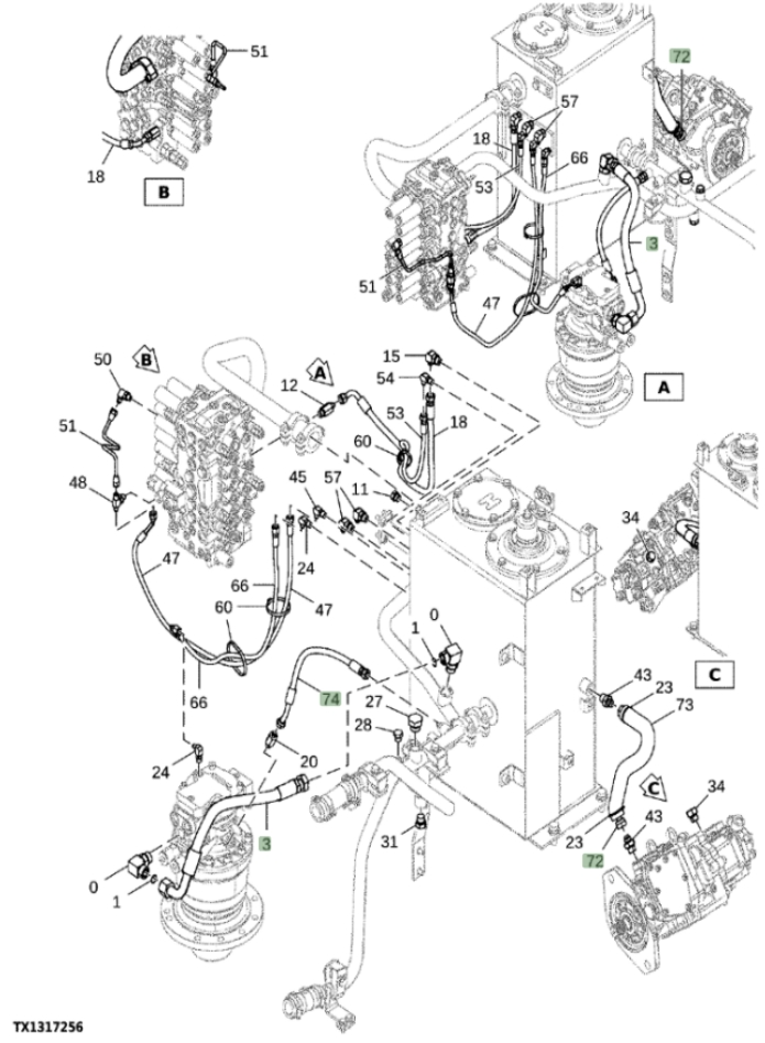 Hitachi ZX85USB-5N installation diagram showing hydraulic hose 4438515 at Pipe No. 74
