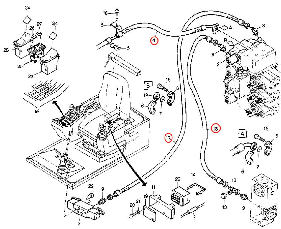 Caterpillar CAT®211B installation diagram showing hydraulic hose 8U-6521 at Pipe No. 18