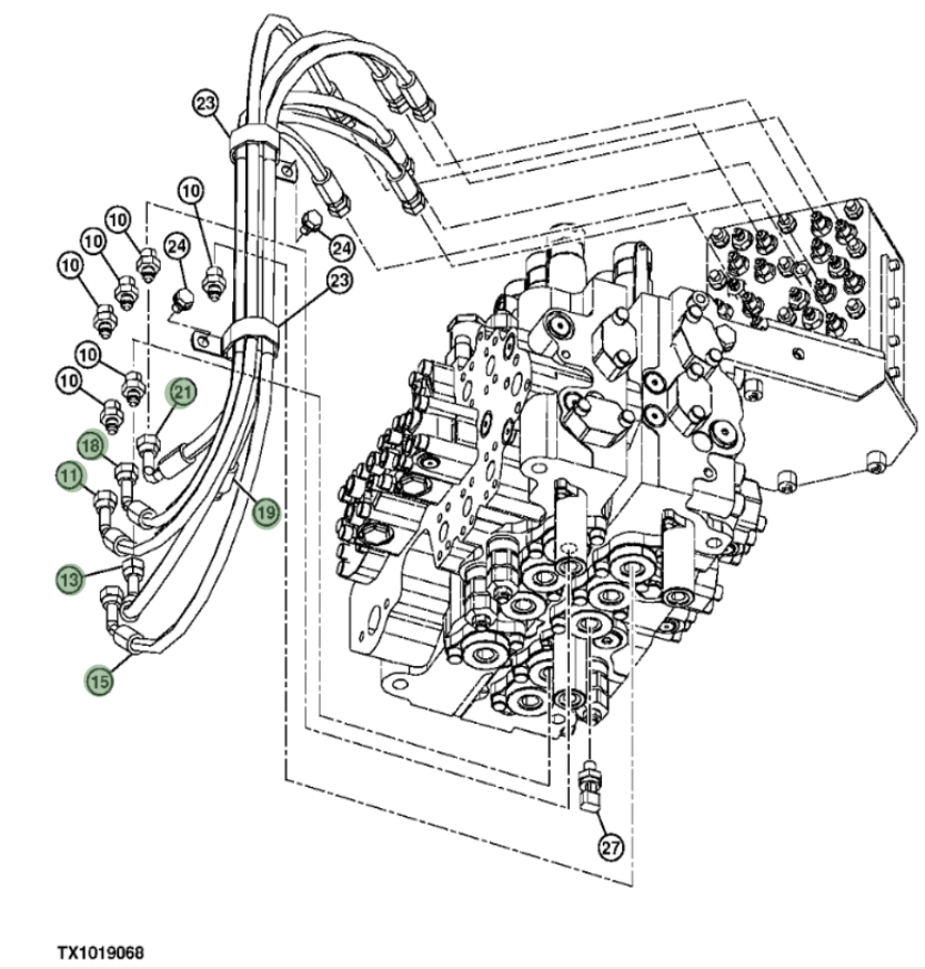 Hitachi ZX290F-3 installation diagram showing hydraulic hose 4630935 at Pipe No. 18