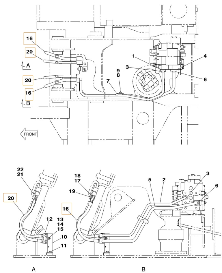 Case CX130 installation diagram showing hydraulic hose KNJ2634 at Pipe No. 16