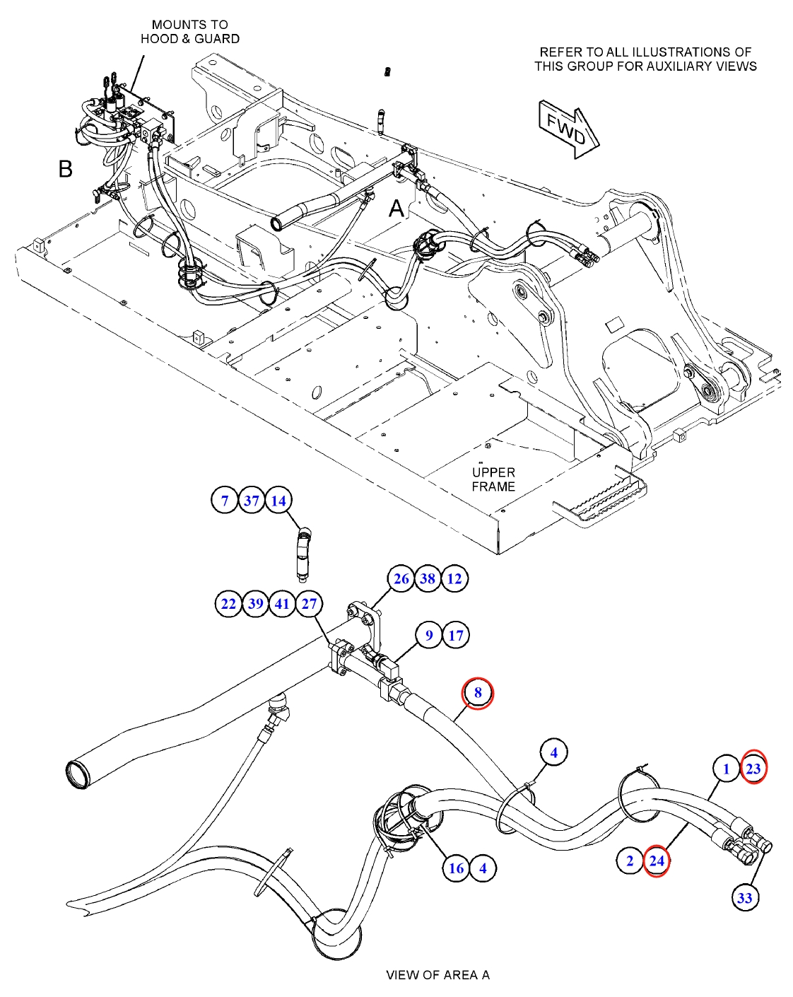 Caterpillar CAT®313F L installation diagram showing hydraulic hose 474-9622 at Pipe No. 23