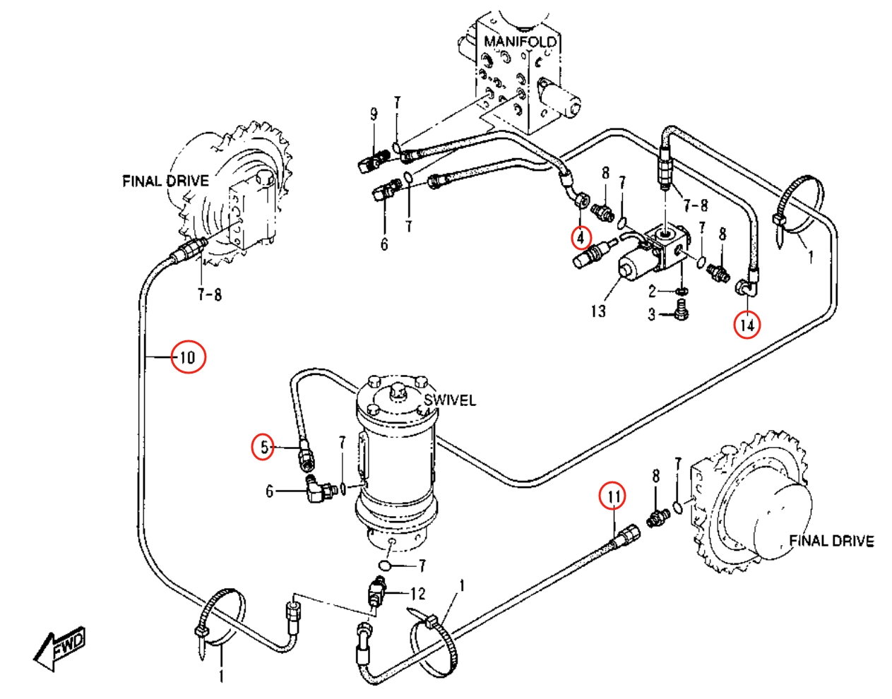 Caterpillar CAT®307-A installation diagram showing hydraulic hose 108-7291 at Pipe No. 10