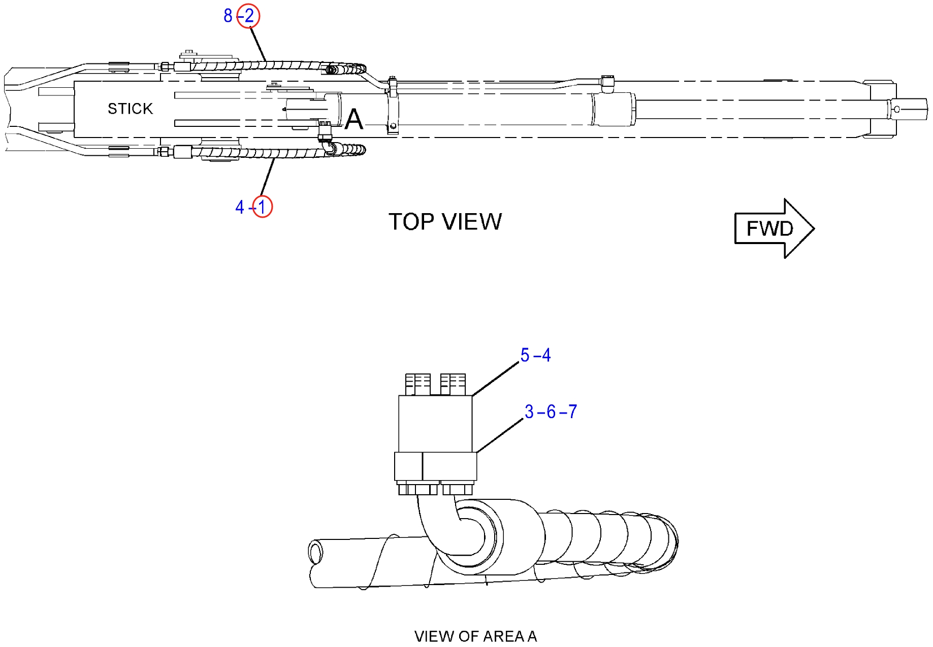 Caterpillar CAT®313F L installation diagram showing hydraulic hose 124-0838 at Pipe No. 2