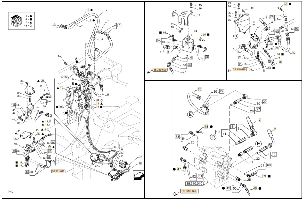 Case CX75C SR installation diagram showing hydraulic hose KHJ2181 at Pipe No. 22