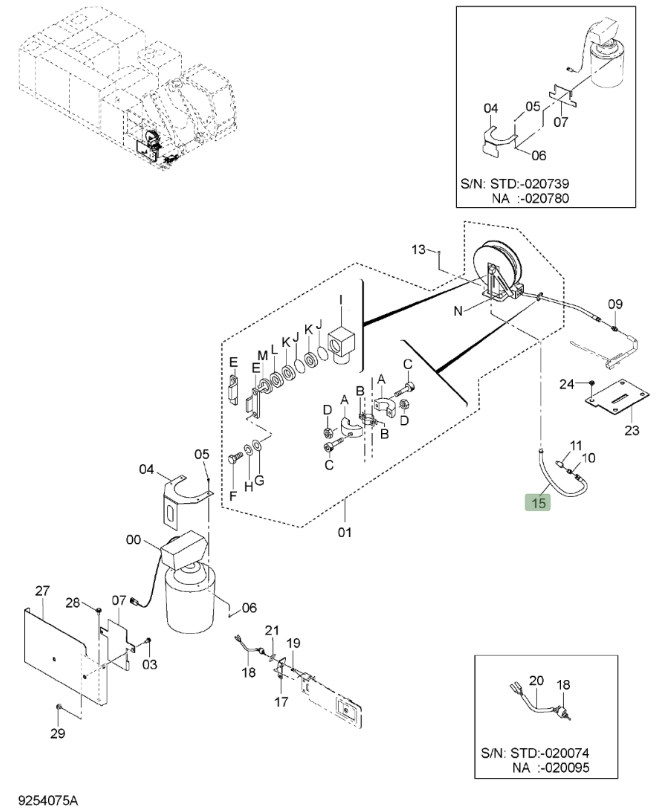 Hitachi ZX850LC-3 installation diagram showing hydraulic hose 4122891 at Pipe No. 15