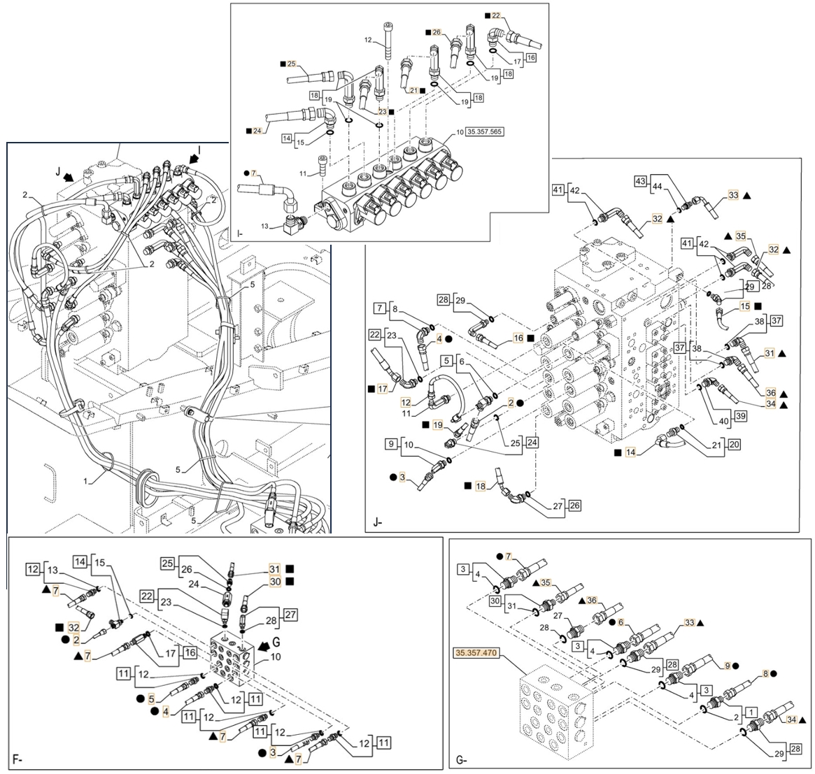 Case CX210D NLC installation diagram showing hydraulic hose KHJ2239 at Pipe No. I21-J15