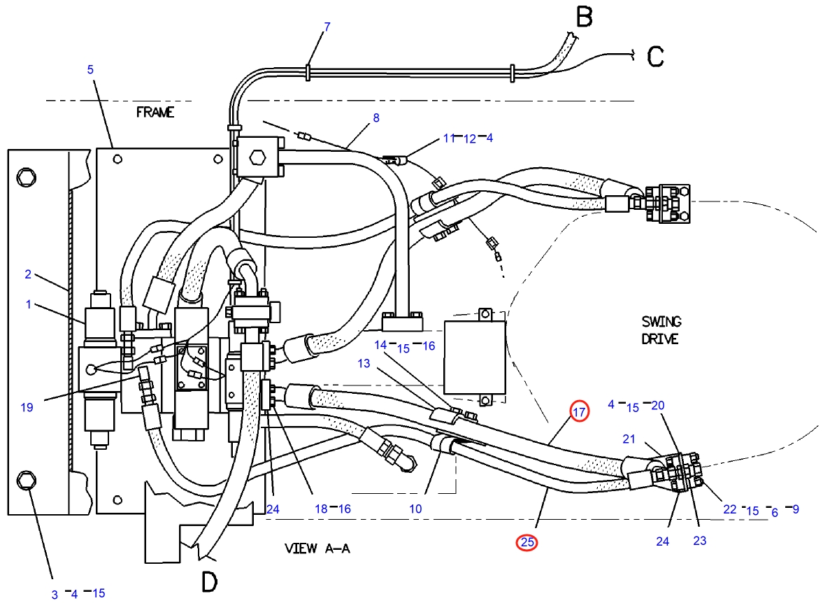Caterpillar CAT®225D installation diagram showing hydraulic hose 7V-0719 at Pipe No. 25