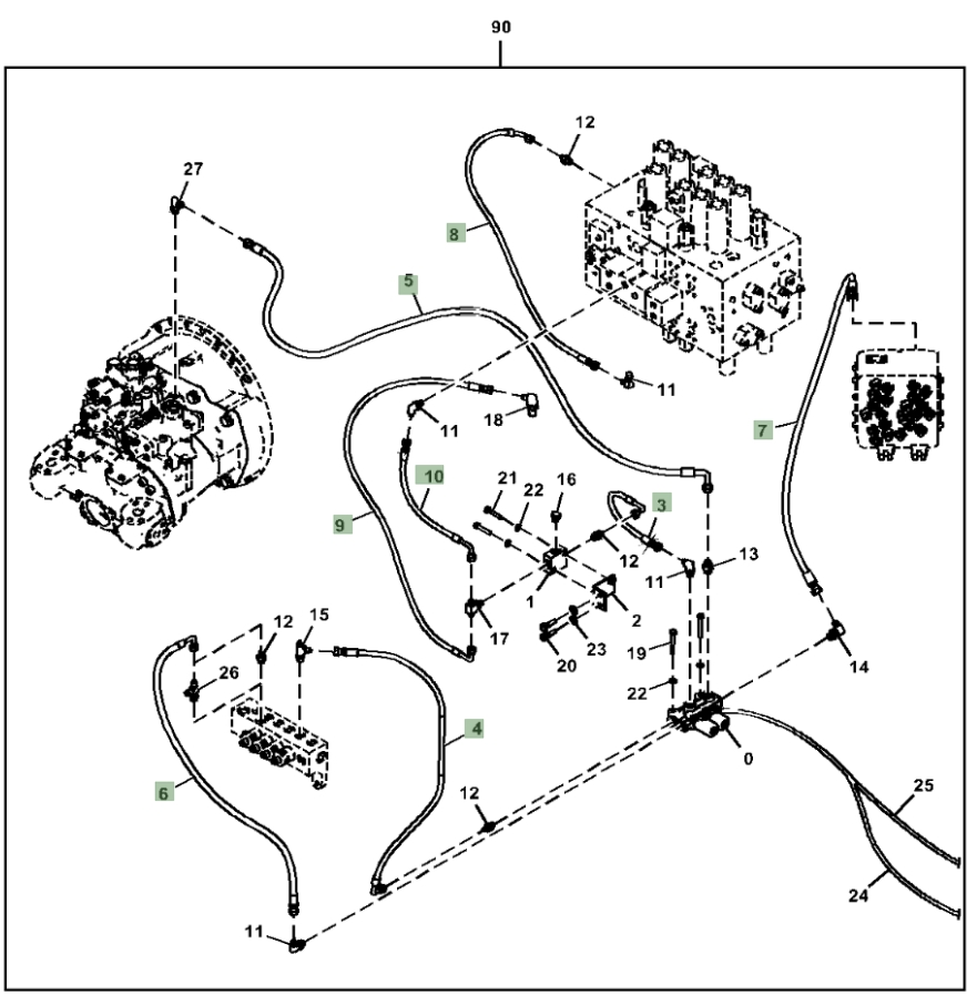 Hitachi ZX210-5N installation diagram showing hydraulic hose 4712183 at Pipe No. 7