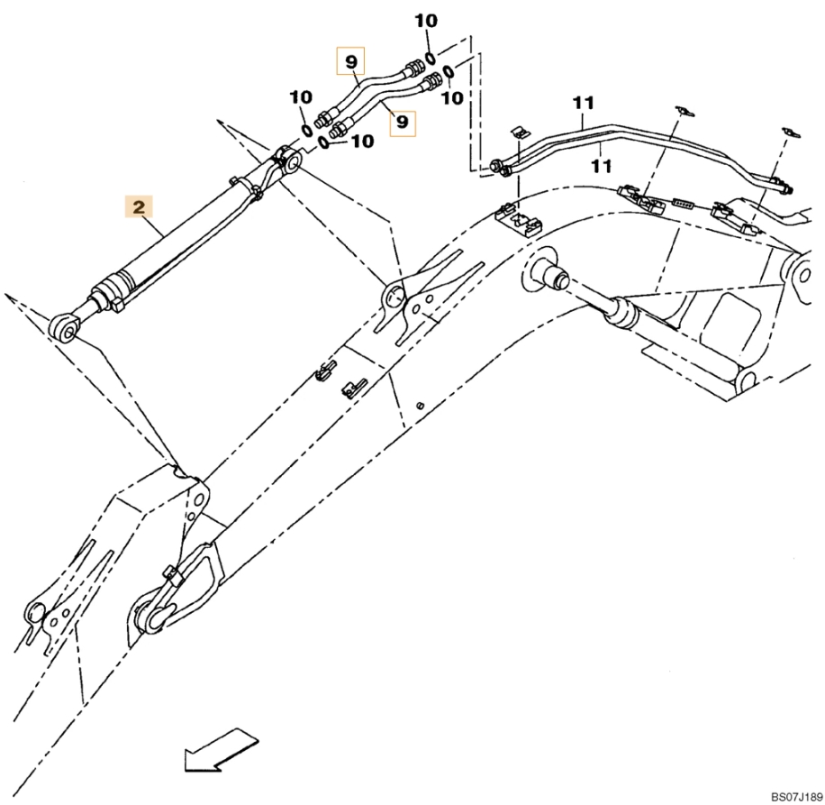 Case CX130B installation diagram showing hydraulic hose KRV19720 at Pipe No. 9