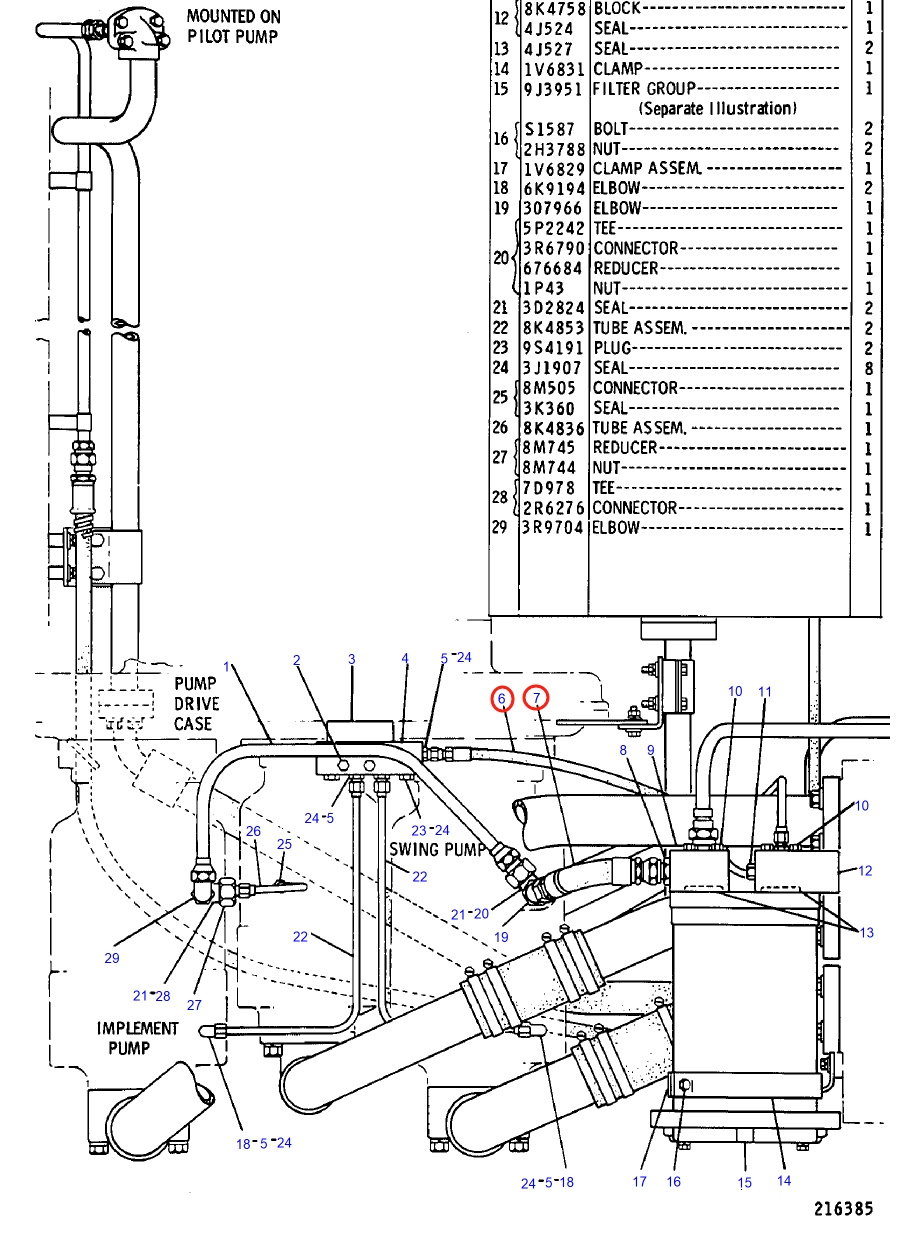 Caterpillar CAT®245 installation diagram showing hydraulic hose 8K-4863 at Pipe No. 7