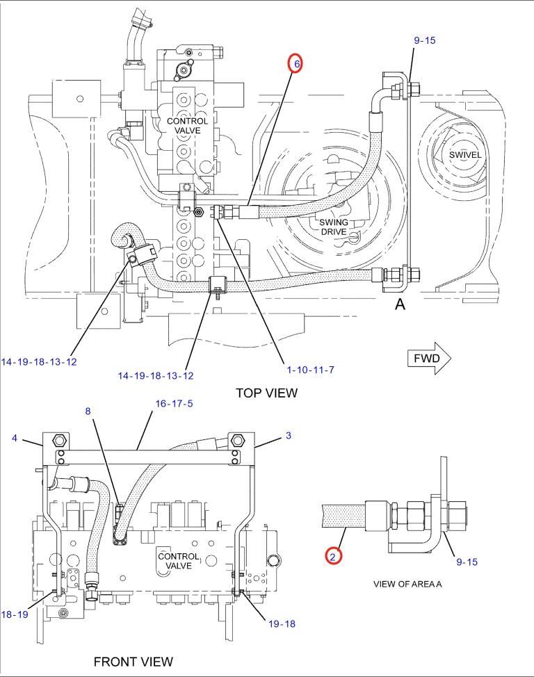 Caterpillar CAT®318C installation diagram showing hydraulic hose 115-9666 at Pipe No. 2