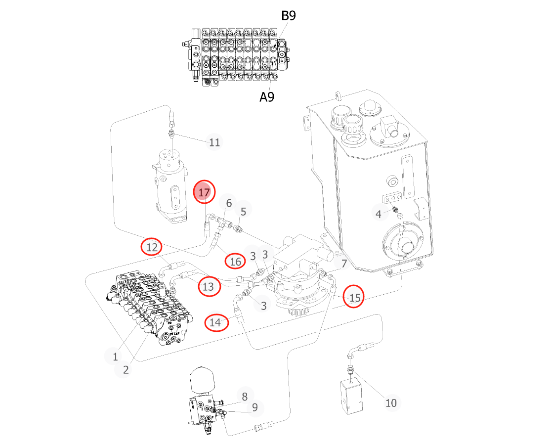 Sunward SWE25UF installation diagram showing hydraulic hose 730502001099 at Pipe No. 12
