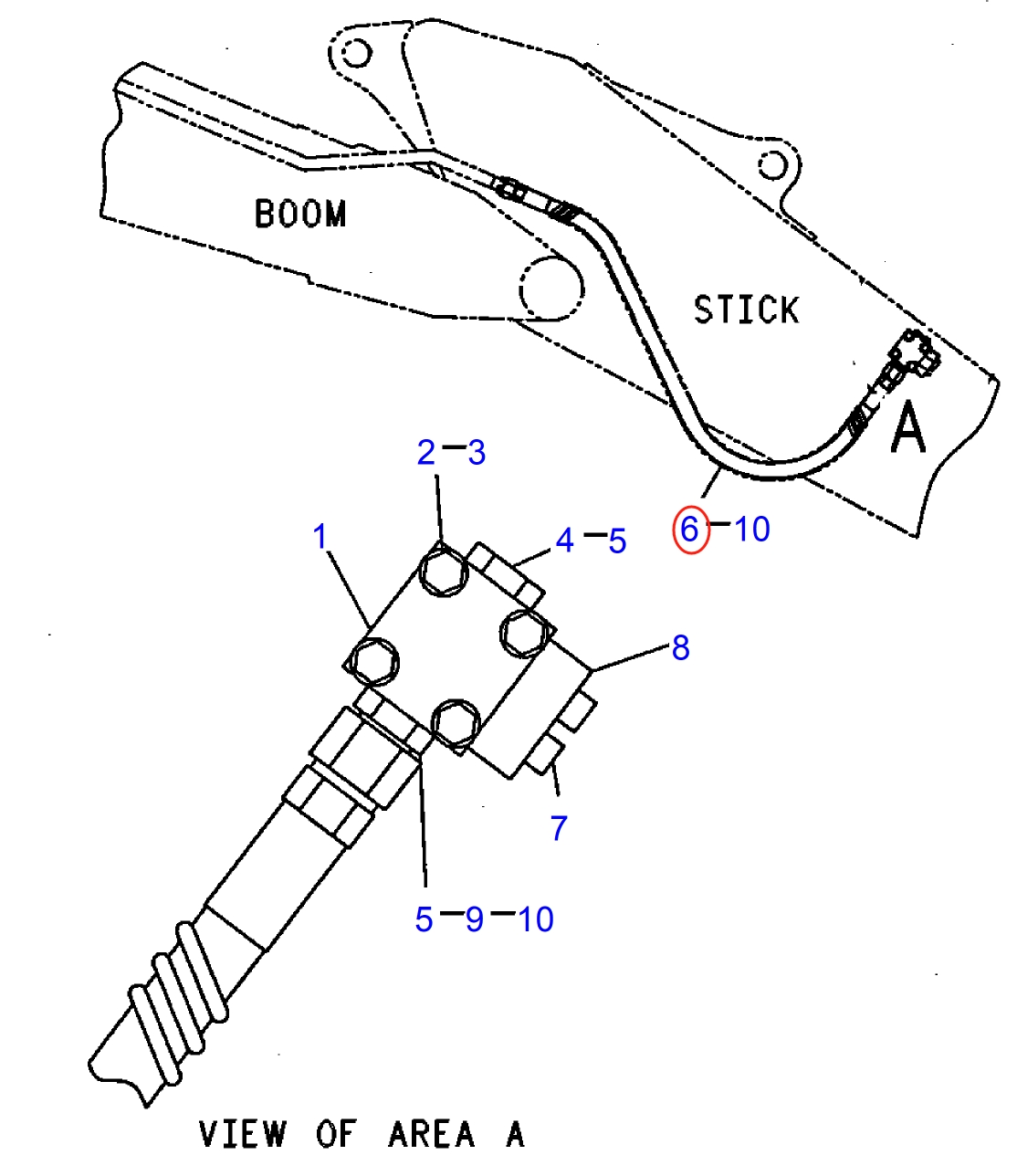 Caterpillar CAT®312-A installation diagram showing hydraulic hose 7I-8316 at Pipe No. 6