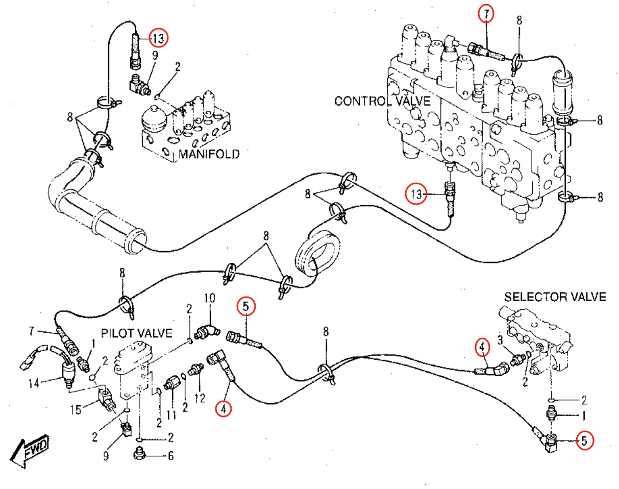 Caterpillar CAT®315B installation diagram showing hydraulic hose 4I-7608 at Pipe No. 13