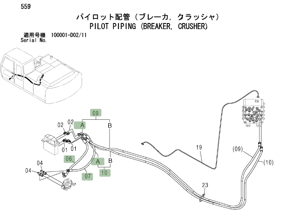 Hitachi ZX200LC installation diagram showing hydraulic hose 4448668 at Pipe No. 10A