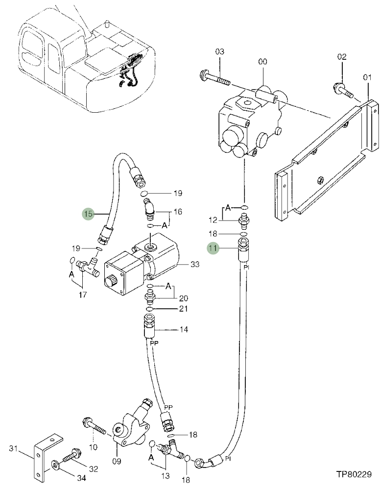 Hitachi EX110-5 installation diagram showing hydraulic hose 4365779 at Pipe No. 15